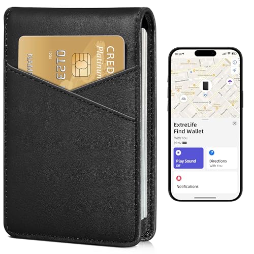Smart Men Wallet with Find My, Wallet Tracker, RFID Blocking Bifold Credit Card Holder, Left-Behind Alerts, Play Sound, Anti-Loss, Wireless Rechargeable, Works with iPhone, iPad, Mac, PU Black