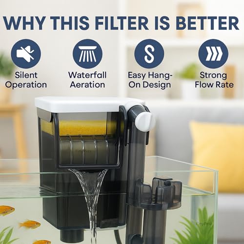 Image of BLH-401 Aquarium Hang On Filter | 4W | 250L /H HOB Filter with Surface Skimmer | Vertical Aquarium Filter for Fish Bowl & Mini Fish Tanks Up to 1.5 Ft | Silent Waterfall Filtration System