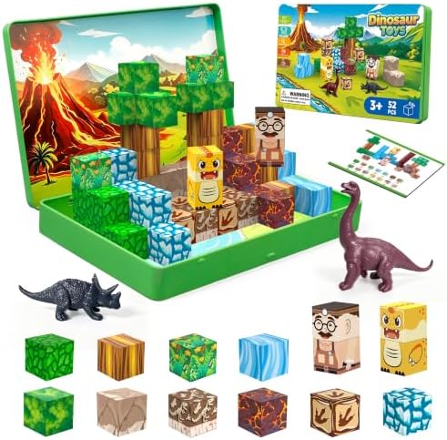 Magnetische Bausteine - 52Pcs Dinosaurier Spielzeug Magnetbausteine Reiseset Magnetspielzeug Magnetische Bauwelt Spielzeug Magnetblöcke für Kinder ab 3 4 5 6 7 8 9 10 Jahre Weihnac