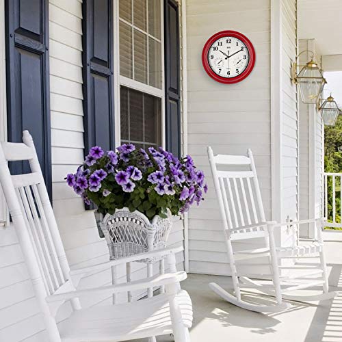 BEW Large Outdoor Clock, Waterproof Wall Clock with Thermometer and Hygrometer Combo, Weather Resistant, Silent Metal Pool Clock for Garden, Patio, Fence, Porch (18-Inch, Empire Red) - Thumbnail 4