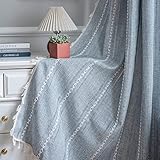 ColorBird Boho Curtains for Bedroom, 96 inch Blue Striped Room Darkening Linen Curtains & Drapes, 2 Panels Embroidered Window Curtain Panels for Dining Living Room Nursery Doorways