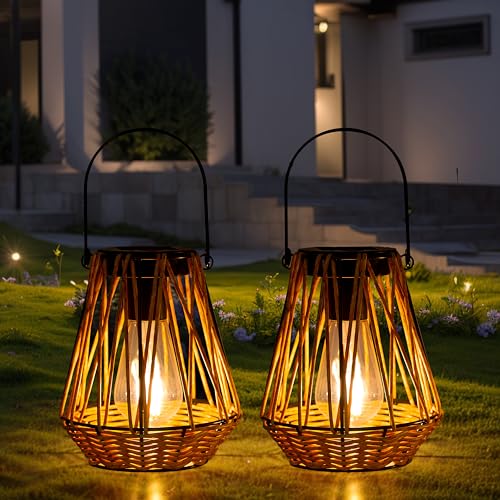 Venniy Solar Lanterns,2 Pack Hanging Solar Lantern Outdoor Lanterns for Patio Waterproof,Rattan Lantern with Handle,Decorative Retro Rattan Lights for Yard