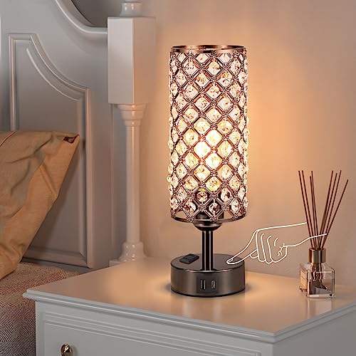 Image of Hong-in Crystal Table Lamp Touch Control Set of 2, 3-Way Black Crystal Lamps with USB C+A Ports & AC Outlet, Dimmable Nightstand Desk Lamps,Modern Bedside Table Lamp for Bedroom(Bulbs Included)