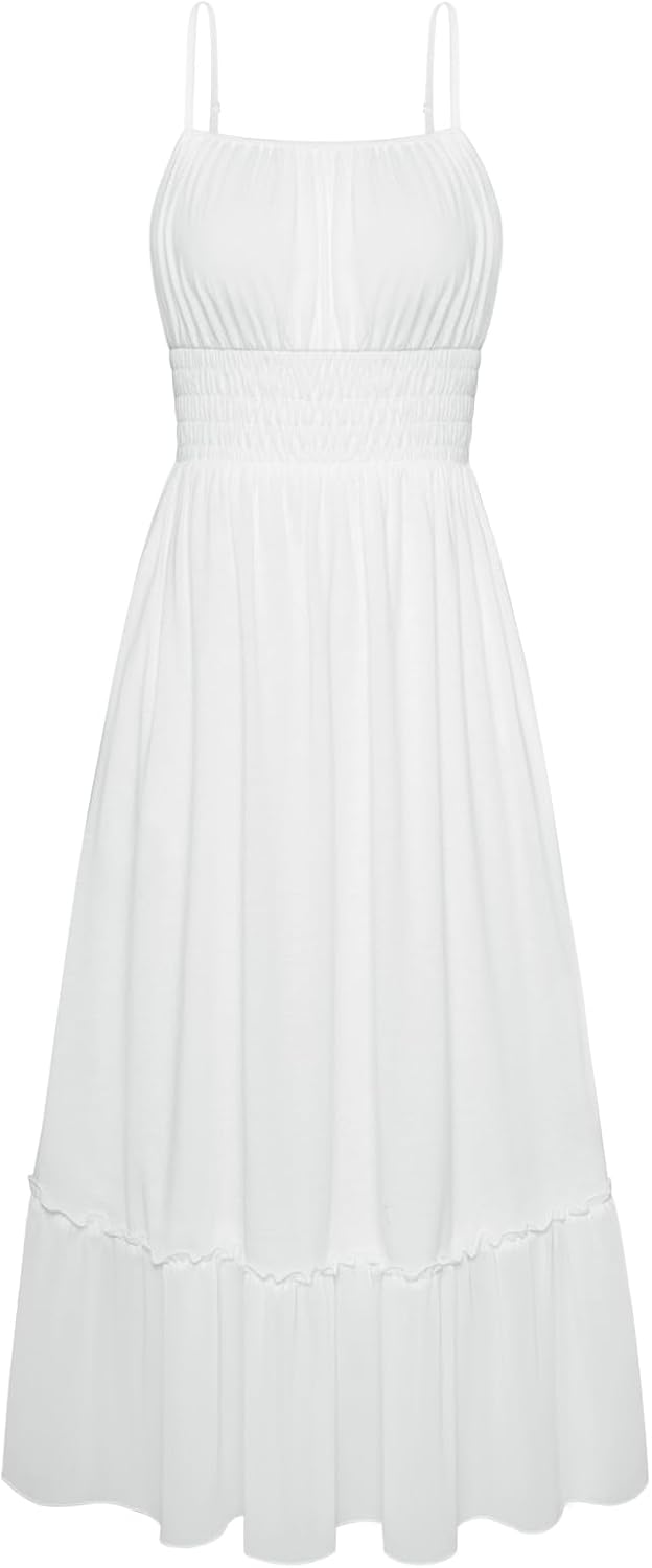 GRACE KARIN Womens 2025 Summer Dress Casual Sleeveless Spaghetti Strap Smocked Ruffle Beach Long Maxi Dress with Pockets