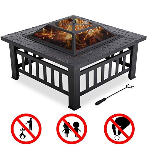 Outdoor Metal Square Fire Pit, 32" Metal Firepit For Patio Wood Burning Fireplace Square Garden Stove With Charcoal Rack, Poker & Mesh Cover For Camping Picnic Bonfire Backyard #TOP2