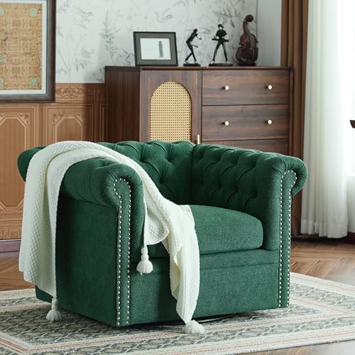 Christopher Knight Home Oakley Chesterfield Fabric Upholstered Club Chair, Button-Tufted 360&deg; Swivel Sofa, Scrolled Arm Living Room Sofa, No Assembly Required Furniture, Dark Green
