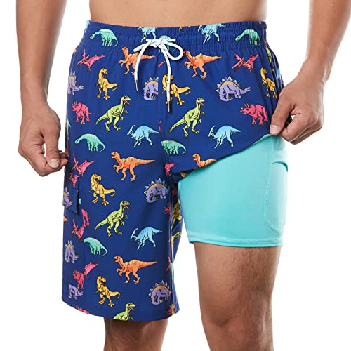 BRISIRA Mens Swim Trunks Bathing Suit 9 Inch Inseam Compression Liner Beach Long Board Shorts Swimsuit Anti-chafe Quick Dry