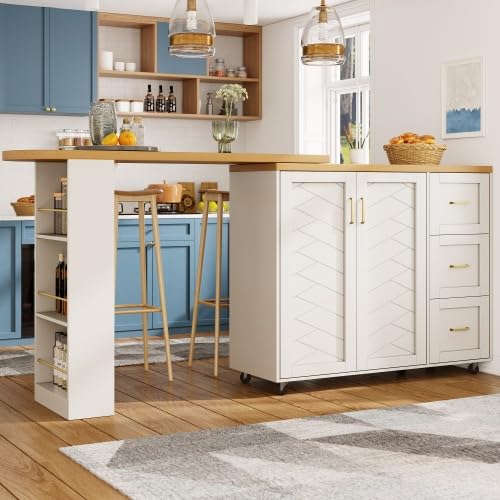 Merax Extendable Bar Cart with 2 Doors & 3 Drawers (135-228 x 39 x 104 cm), Rollable Kitchen Bar with Snack Shelf, Home Bar in White, Wood-Look Worktop, Perfect for Kitchen & Living Room