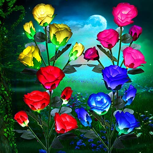ZNYCYESolar Lights Outdoor Garden, Garden Rose Flower Ornaments 7 Color Changing Rose Lights Solar Powered for Grave Pathway Patio Yard Party Wedding Holiday Outdoor Decoration (4 Pack, 4 Colors)