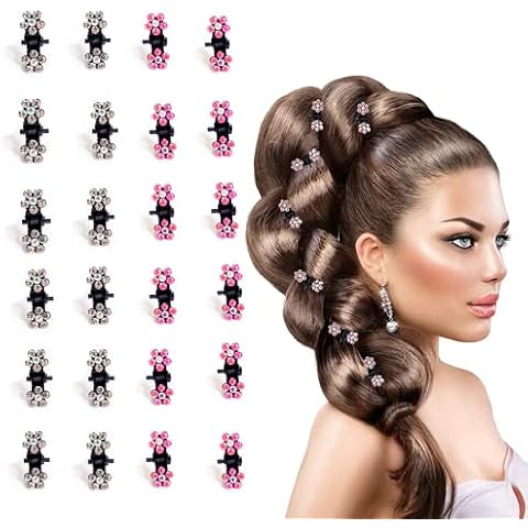 24 Mini Pinzas de Pelo con Diamantes de Imitación Rosa y Blanco Cover