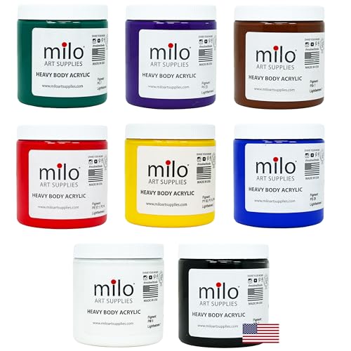 milo Acrylic Paint Set of 8 Colors | 8 ounce Jars | Heavy Body Acrylic Painting Set | Made in the USA | Non-Toxic, Holds Texture and Brush Strokes
