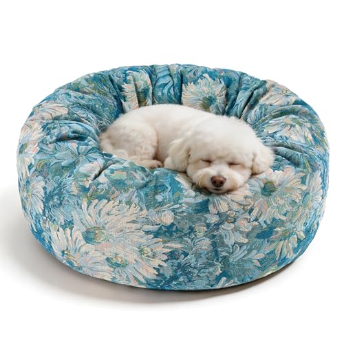 Image of Dog Calming Beds for Small Medium Large Dogs - Round Donut Washable Puppy Dog Bed, Anti-Slip Faux Fur Fluffy Donut Cuddle Anxiety Cat Pet Bed (24 inch Flower)