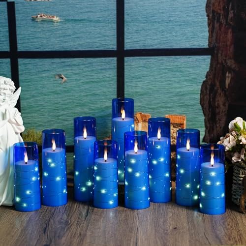 Image of Nimiko Flickering Flameless LED Candles,Battery Operated Candles 9 Pcs with Embedded Star String,Acrylic LED Pillar Candles with Remote,Suitable for Home Decoration to Create an Atmosphere (Blue)