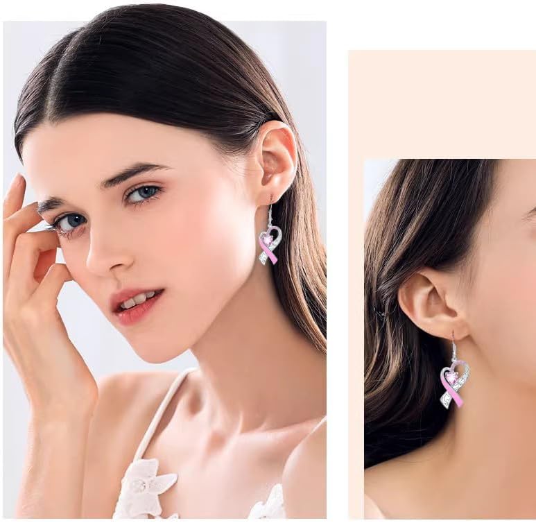 Breast Cancer Awareness Earrings For Women, Pink Ribbon Heart Dangle Drop Earrings Breast Cancer Survivor Gift Support Christmas Thanksgiving Holiday Jewelry - Image 4