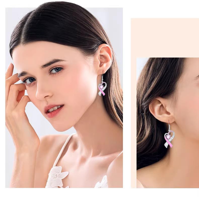 Breast Cancer Awareness Earrings For Women, Pink Ribbon Heart Dangle Drop Earrings Breast Cancer Survivor Gift Support Christmas Thanksgiving Holiday Jewelry4