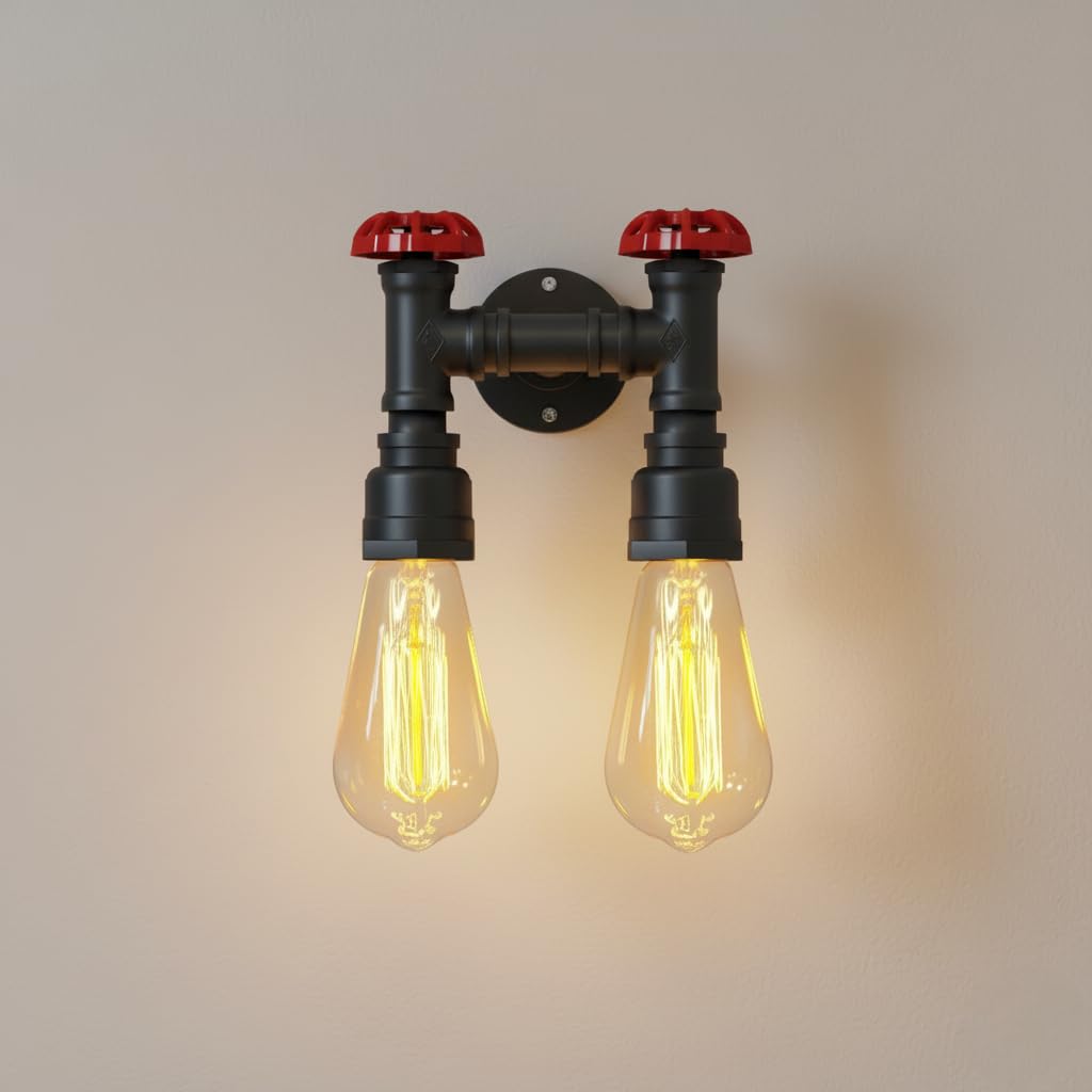 LEDSone Industrial Vintage Steampunk Water Pipe Creative Retro Twin Wall Sconce Wrought Iron E27 Wall Lamp for Restaurant, Café, Bar, Hallway, Kitchen, Bedroom (Black Without Bulb - Twin Style)