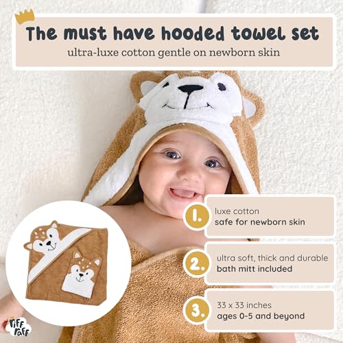 Image of Riff Raff Pretty Fawn Hooded Towel - Premium Cotton Baby Towel with Mitt Set - Ultra Soft Machine Washable Cartoon Hooded Baby Towels - Baby Towels with Hood for Newborn Baby, Infants, Toddlers