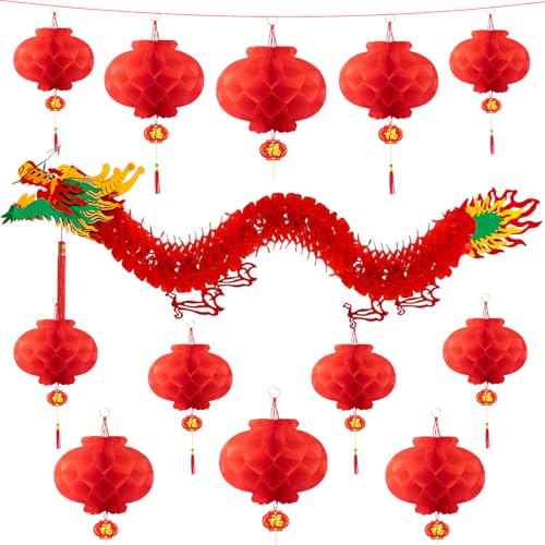 13Pcs Chinese Decorations for Party 1 3D Chinese Dragon & 12 Red Lanterns