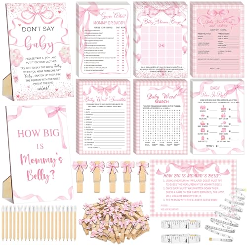 Funnymoom 426 Pcs Pink Bow Baby Shower Games Set-8 Games Includes Baby Shower Bingo Price is Right Guess Who Word Scramble Prediction and Advice How Big is Mommys Belly Dont Say the Words
