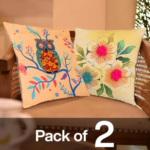 Image of picknMAKE Pack of 2 DIY Cushion Cover Hand Embroidery Kit for Beginners & Adults |Cross-Stitch Pillow Covers with Digitally Printed Designs, Pom-Poms & All Materials Included | 16 inchx16 inch