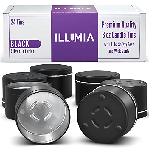 8oz Candle Tins for Making Candles, with Safety Feet and Wick Guide | 24-Pack Black Candle Tins with Lids Bulk | Seamless Tin Candle Containers | Great Substitute for Candle Jars | ILLUMIA
