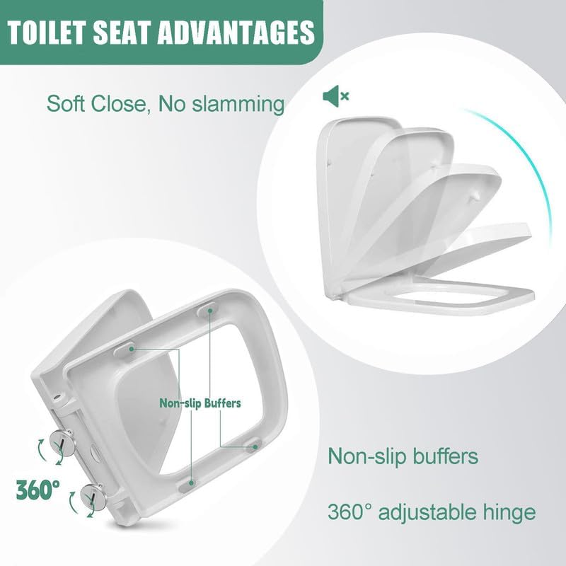 Soft Close Square Toilet Seat, White, 37 * 47cm, Quick Release, Adjustable Hinges, PP Material, Easy Cleaning