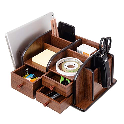 Image of Liry Products Brown Wooden Desk Organizer Multiple Compartments 3 Drawers Slots 2 Shelves Racks Holder Office Supplies Caddy Tabletop Storage Desktop Stationery Accessory Sorter Home Kitchen