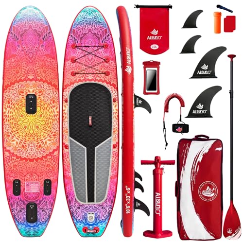 AISUNSS SUP Board 10.6Ft All Around Board Premium iSUP, Yoga Board with SUP Accessories Include Non-Slip mat, Waterproof Phone Bag, Double Action Pump, Adjustable Aluminum Paddle (Red Meditation)