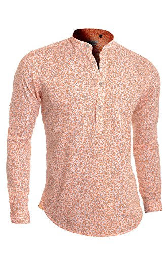 D&R Fashion Homme Chemise décontractée Lin Slim Fit Col Montant Manche Longue Vif Trèfle