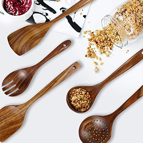 Wooden Utensils Set for Cooking, Chrider Wooden Kitchen Utensils Set for Nonstick Cookware, Wooden Cooking Spoons and Wooden Cooking Salad Fork by Natural - Thumbnail 5