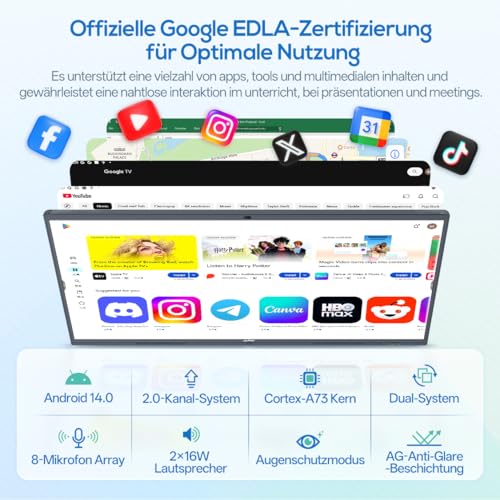 JAV Smart Board 86 Zoll Interaktives Whiteboard Google EDLA Zertifiziert Android 14 Digitales Elektronisches Whiteboard 8+128 GB Eingebaute 48MP AI Kamera für Büro Schule (Inklusive Wandhalterung)