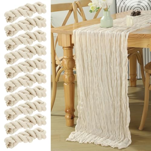 10 Pack Ivory Cheesecloth Table Runner 120 Inch 10 FT Boho Gauze Cream Table Runner for Bridal Baby Shower Wedding Birthday Party Holiday Centerpiece for Home Decorations
