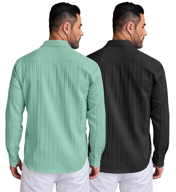 Image of DEELMO Combo of Men's Casual Button Down Shirts Long Sleeve Linen Shirt Fashion Textured Summer Shirts Pack of 2