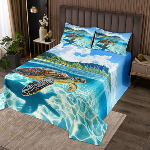 jejeloiu Sea Turtle Coverlet Set Twin Size Ocean Bedspread for Kids Boys Girls Coastal Beach Quilted Coverlet Breathable Soft Lightweight Microfiber Reptile Tortoise Nautical Beach Bedroom Decor