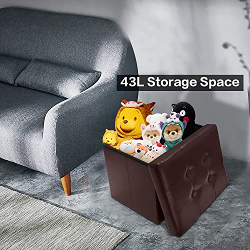 Amassmile® Storage Ottoman Folding Foot Rest Stool, 17 Inch Leather Footstool Bench, Short Ottoman Stool, Storage Foot Rest Store, Books, Records Support 330 Lbs, Brown #TOP3