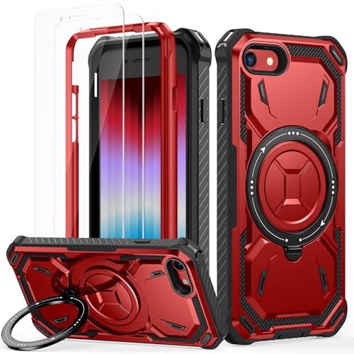 Lanhiem Coque de protection pour iPhone SE 2020/2022, avec 2 pièces en verre blindé, anneau de support à 360°, anti-chocs, militaire pour iPhone SE 2020/SE 2022/8/7, rouge