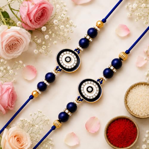Image of Riddhika Ventures Elegant Evil Eye Rakhi for Protection from Negative Energy (Set Of 2) With Roli Chawal And Greeting Card (J6S)
