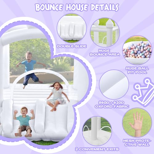 White Bounce House, Inflatable Bounce Castle with Double Slide Ball Pit 370W Blower Bouncer for Toddler, Bounce House Bouncy Castle for Indoor Outdoor Backyard Wedding Kids Birthday Party - Image 3