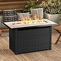 Gizoon 45" Gas Fire Pit Table, Propane Fire Pit with Glass Rocks, Waterproof Cover and Pe Rattan, Outdoor Patio Fire Pits for Backyard, Garden, Party