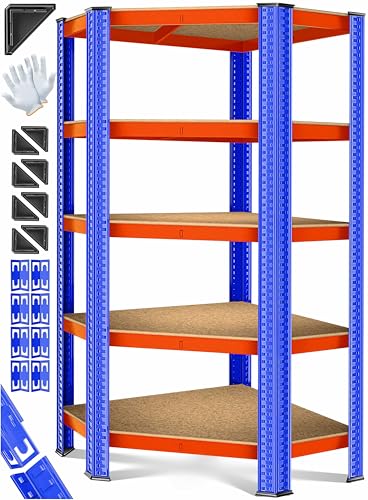MASKO® Estantería esquinera para cargas pesadas, de metal/MDF, 180 x 75 x 40 cm, 5 estantes ajustables, hasta 875 kg, naranja/azul