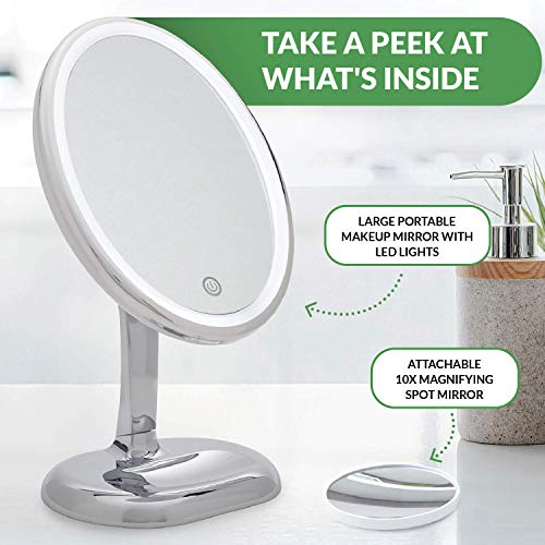 Oval Personal Makeup Mirror With Lights - Magnifying Mirror Light For Table Top - Led Make Up Mirror - 360 Degree Travel Swivel Vanity Mirror - Includes Compact 10X Magnifying Mirror - Pro Beautify #TOP3