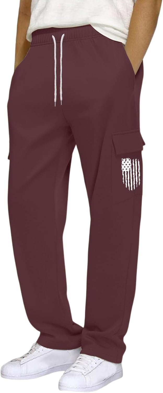 FQZWONG Mens Sweatpants Loose Fit Stretch Trousers USA Flag Wide Leg Sweat Pants Lightweight Drawstring Pant with Pockets