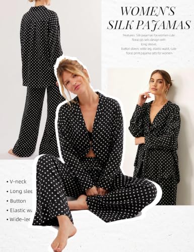Image of Arssm Satin Pajama Set for Women Silk Pajamas Set 2 Piece Floral Pj Set Long Sleeve Button Down Pjs Sleepwear