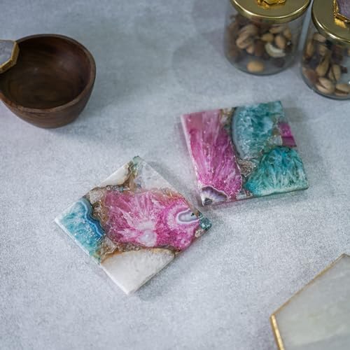 Image of Crystal Agate Stone Coaster Set of 2 Square Table Coaster for Bar Beer Coffee Tea Drinking Coasters for Dining Table Hot Pots -Multicolor