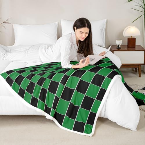 Image of Erosebridal Plaid Fuzzy Plush Throw Green Black Checkerboard Fleece Blanket Geometric Checkered Sherpa Blanket for Kids Boys Girls,Aesthetic Grids Decor for Bed Couch Queen 90 inchx90 inch