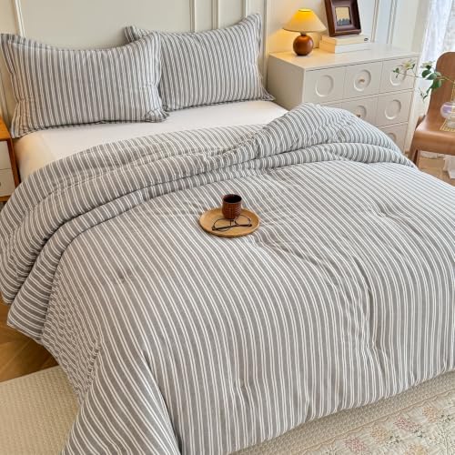 Image of Cyusri Cotton Stripe Full Comforter Set - Soft Lightweight Bedding 3 Pieces Dyed Bed Set with 2 Pillow Shams,Reversible All Season Farmhouse Down Alternative(Full Size 80 inchx90 inch Grey White)