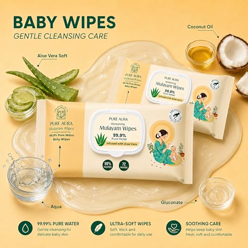 Image of Pure Aura Baby Mulayam Wipes 72 Pulls, Pack of 3 - Doctor Recommended 99.9% Pure Water Wipes with Aloe Vera | Ultra Soft, Thick & Plant-Based | Gentle for Newborns & Sensitive Skin