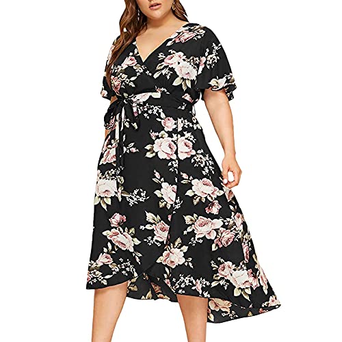 Peigen Women Plus Size Dresses, Boho V Neck Floral Dress with Belt Casual Short Sleeve Party Dress Elegant for Wedding