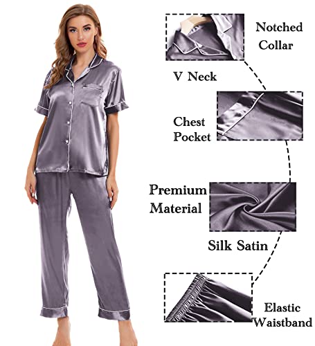 Image of SWOMOG Womens Silk Satin Pajamas Sets 4pcs Sleepwear Sexy Cami Shorts Set and Button Down Short Sleeve Pjs Loungewear Chestnut Large