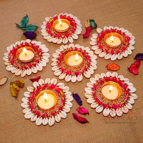 Jaipur Ace Diwali Decorative Tealight | Handmade Shell Conch Tealight Set | Diwali Decoration Set (Pack of 6)